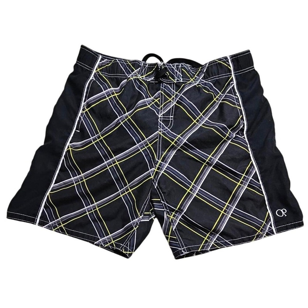 Ocean Pacific Mens Black Plaid Board Shorts Swim Trunks OM15103Y Size L 36-38